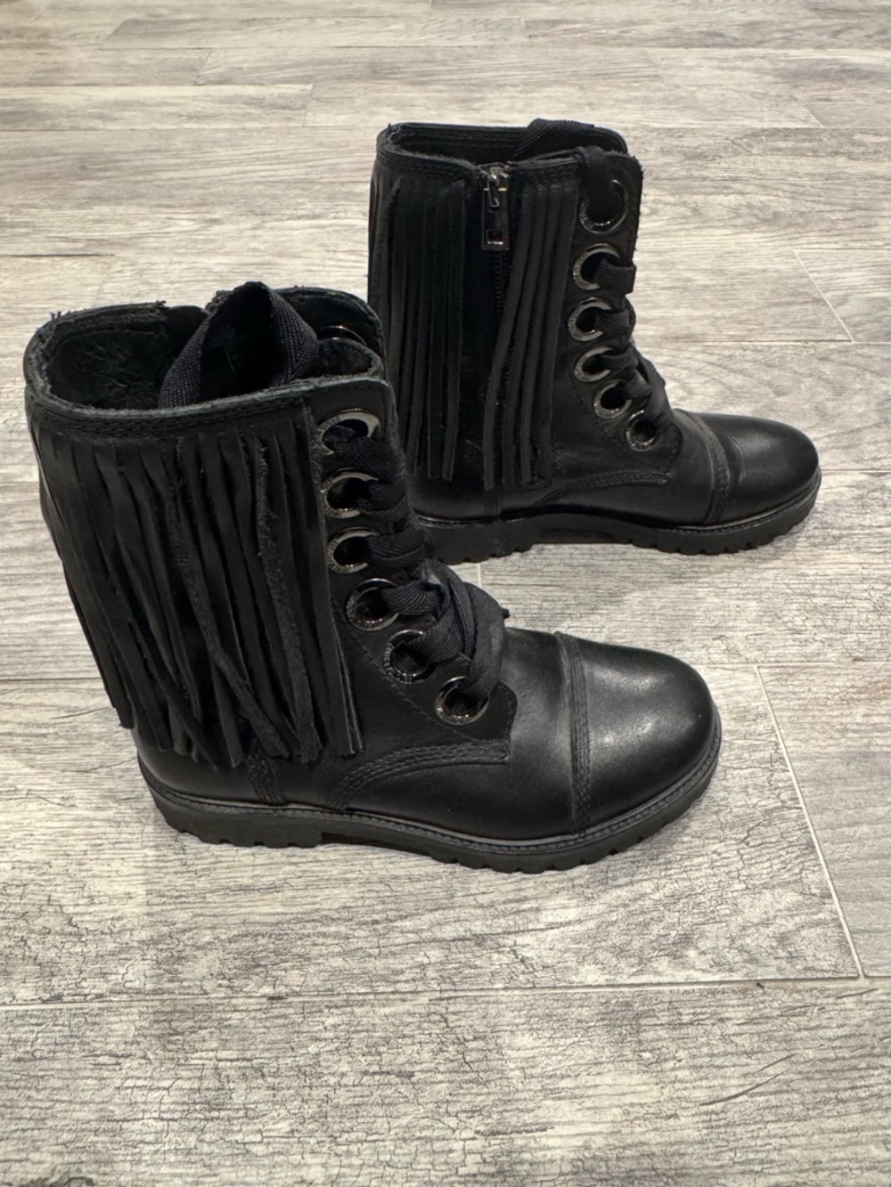 Zadig & Voltaire black fringe leather moto combat boots